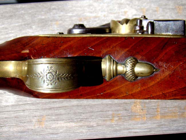 A beautiful 18th century Naval officers' flintlock brass barreled blunderbuss pistol with snap bayonet by James Daniel of Birmingham circa 1780-1790. — image 3